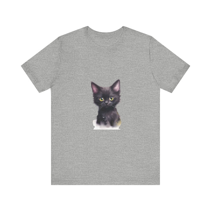 A black cat with glowing eyes stands in front of a mystical moonlit scene on a black t-shirt