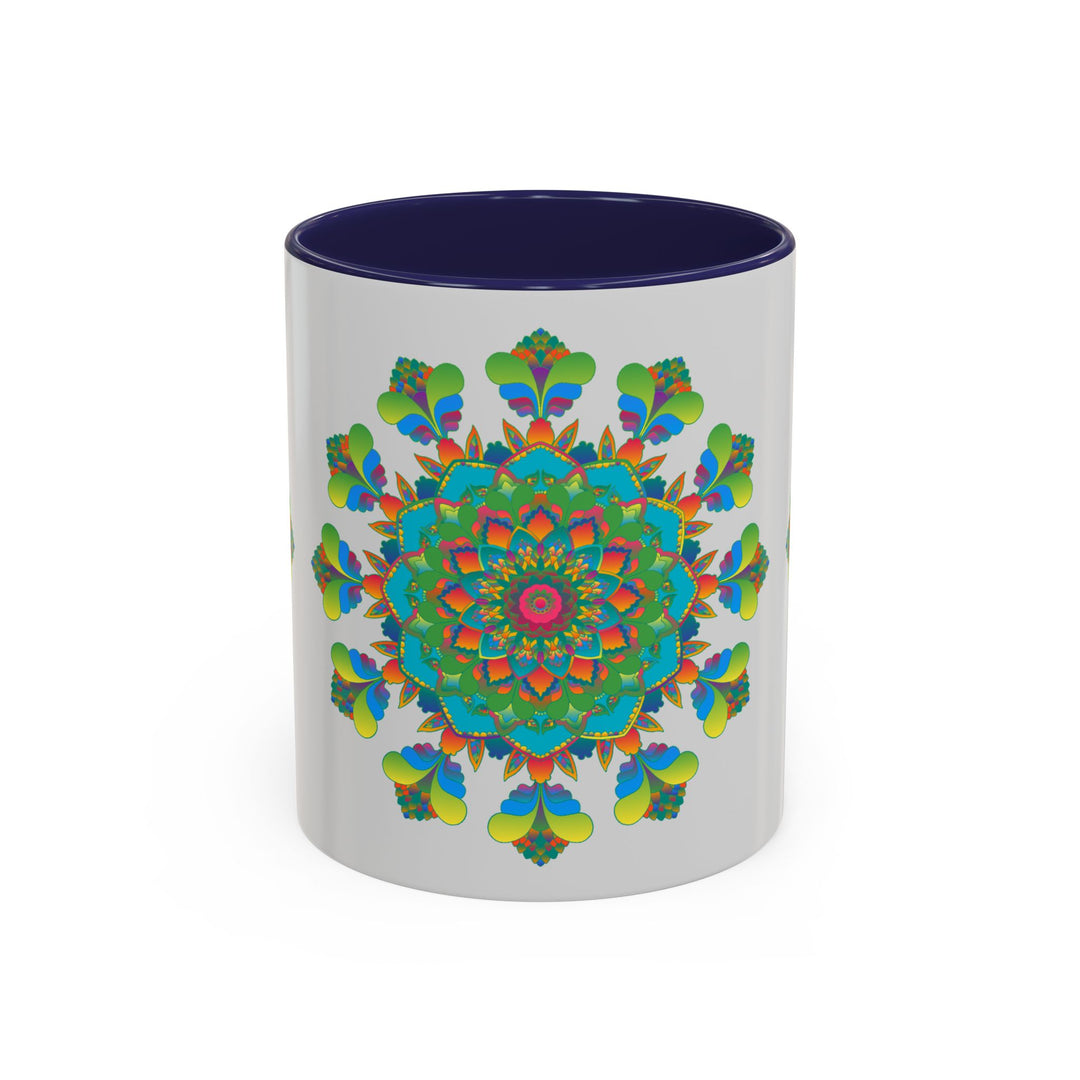 Mandala Art Mug - Vibrant Colors on Grey coffee mug with intricate mandala design in bold and vibrant colors on a grey background