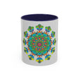 Mandala Art Mug - Vibrant Colors on Grey coffee mug with intricate mandala design in bold and vibrant colors on a grey background