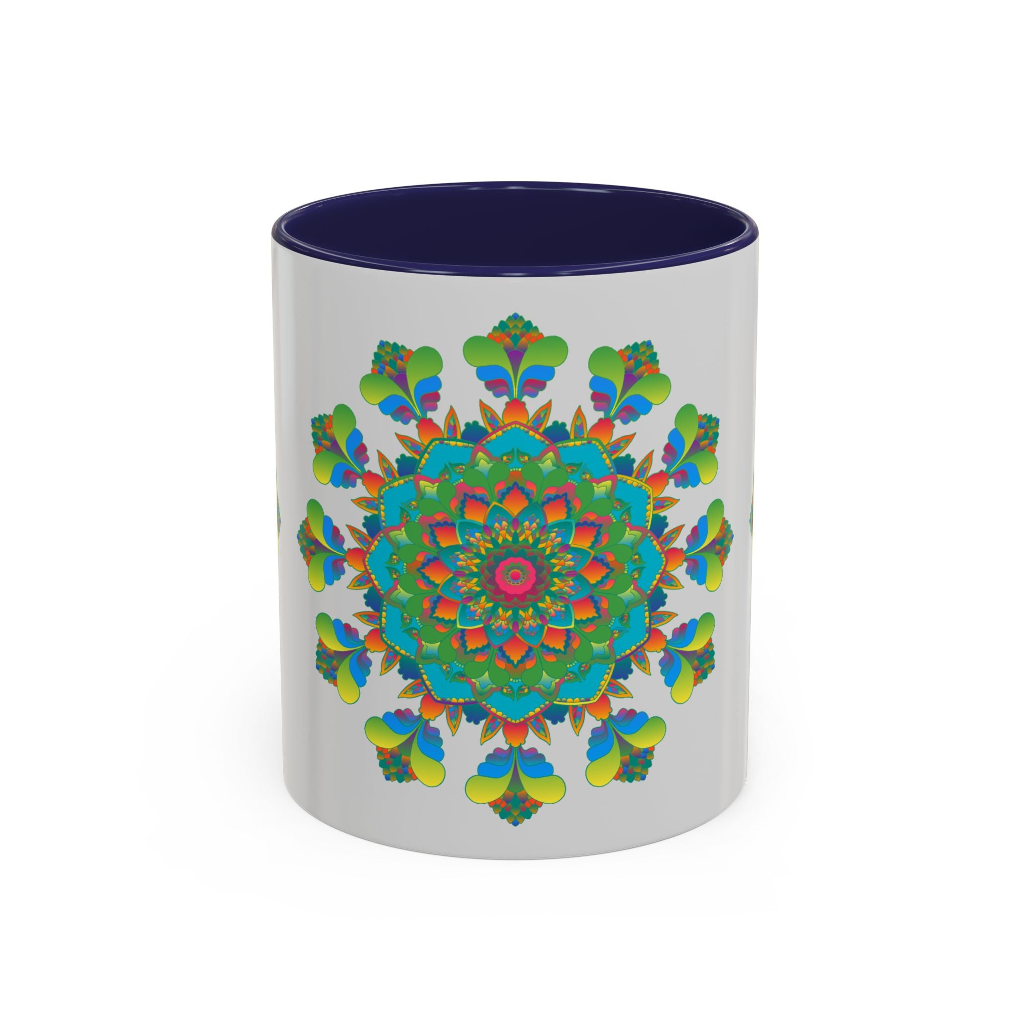 Mandala Art Mug - Vibrant Colors on Grey coffee mug with intricate mandala design in bold and vibrant colors on a grey background