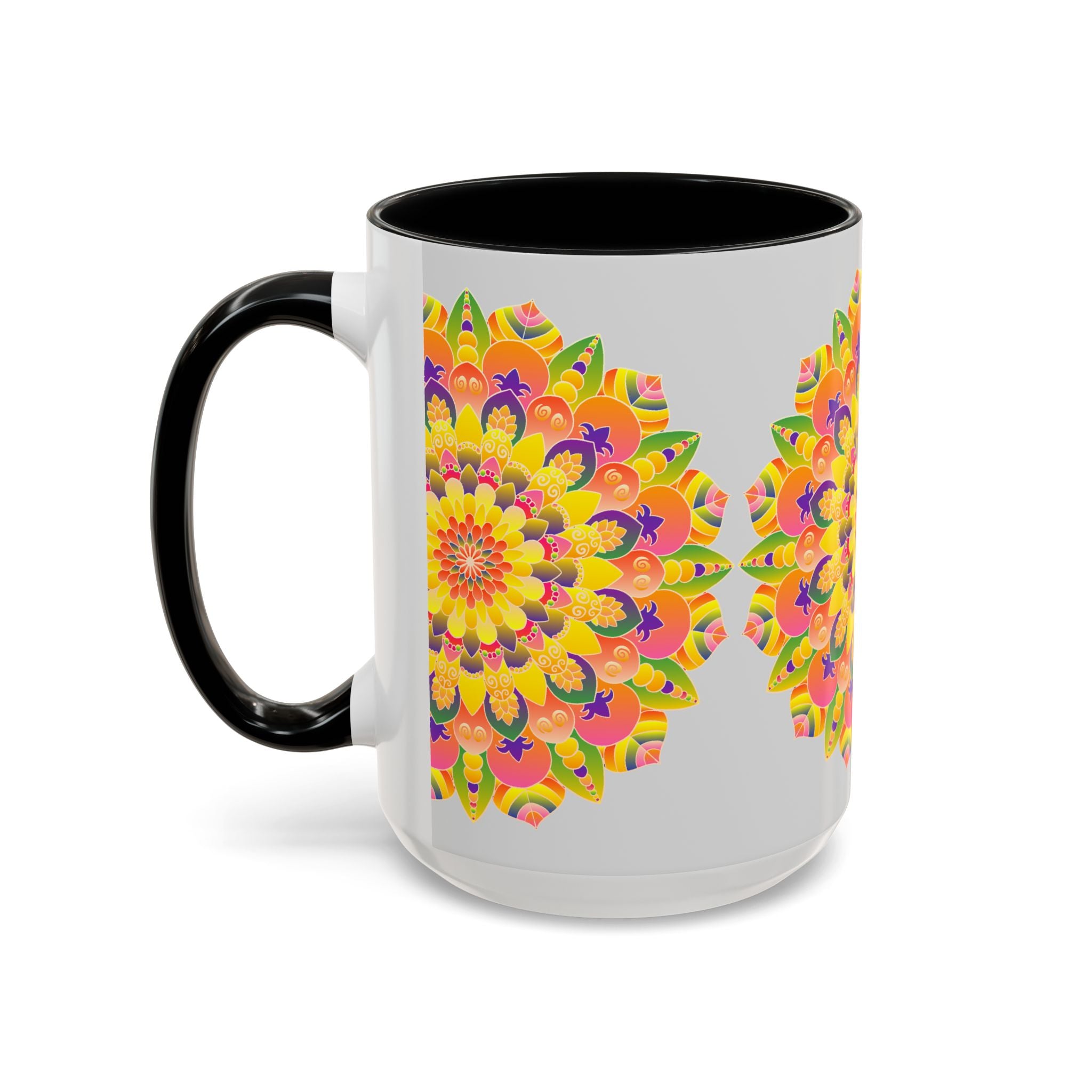 Handcrafted mandala mug with bohemian art pattern and intricate details on white background