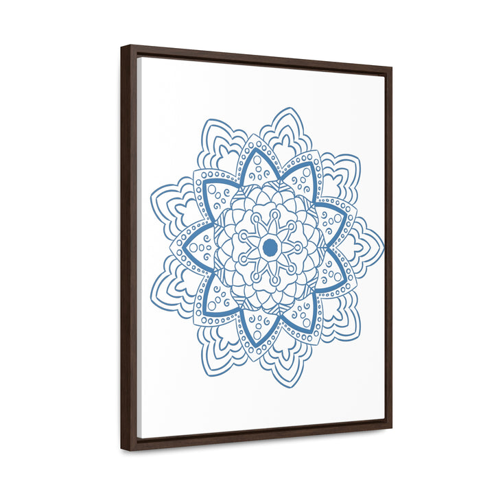 Vertical steel blue gallery canvas wrap depicting handcrafted mandala design wall art