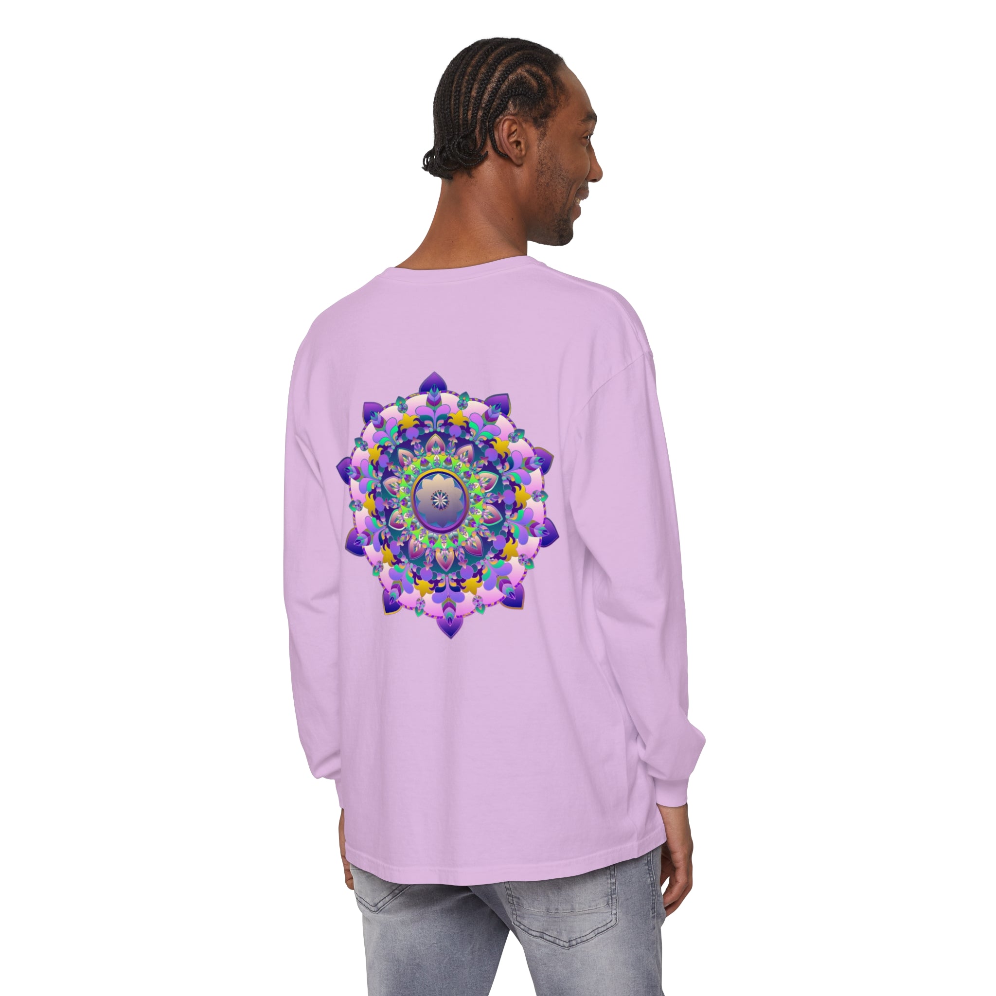 Colorful and intricate mandala design on a unisex long sleeve t-shirt