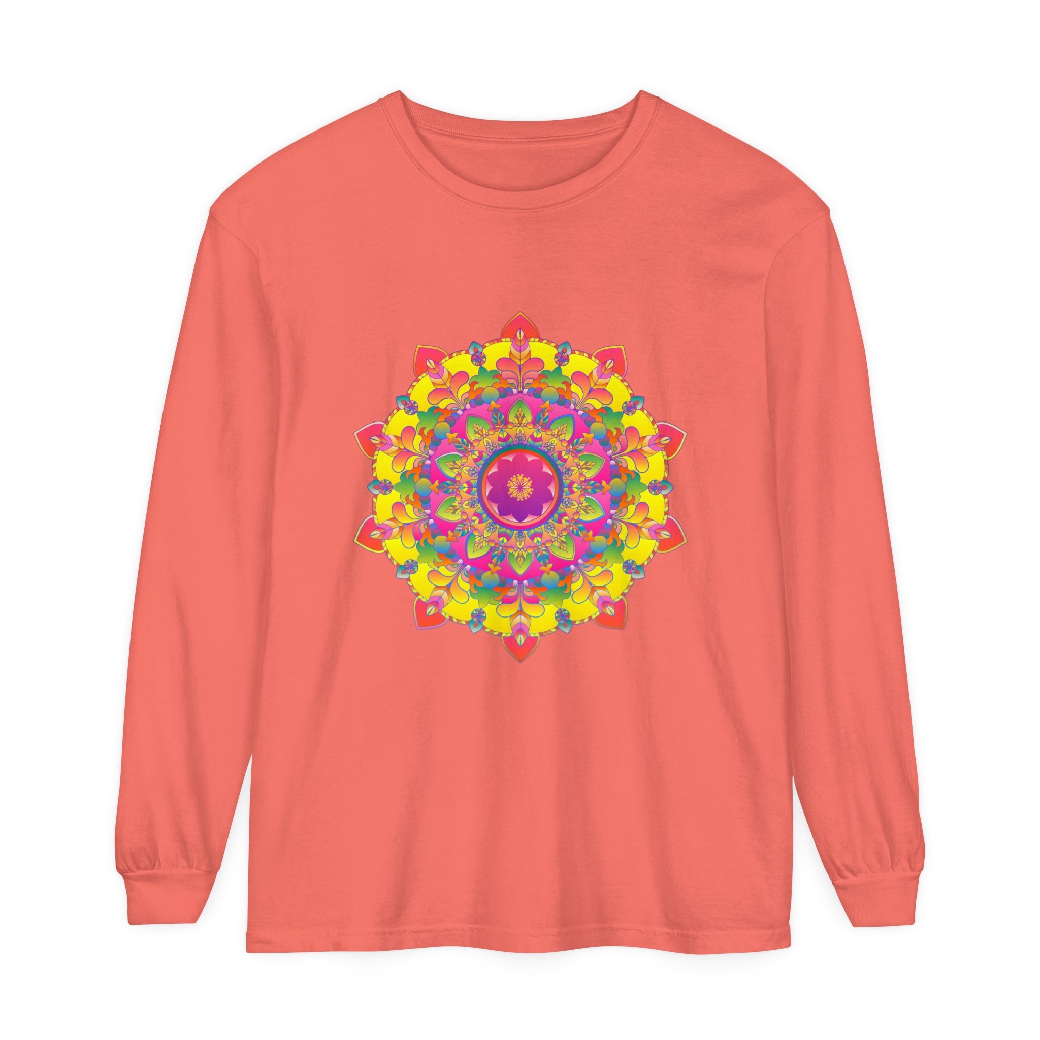 A close-up image of a vibrant mandala design on a long sleeve T-shirt