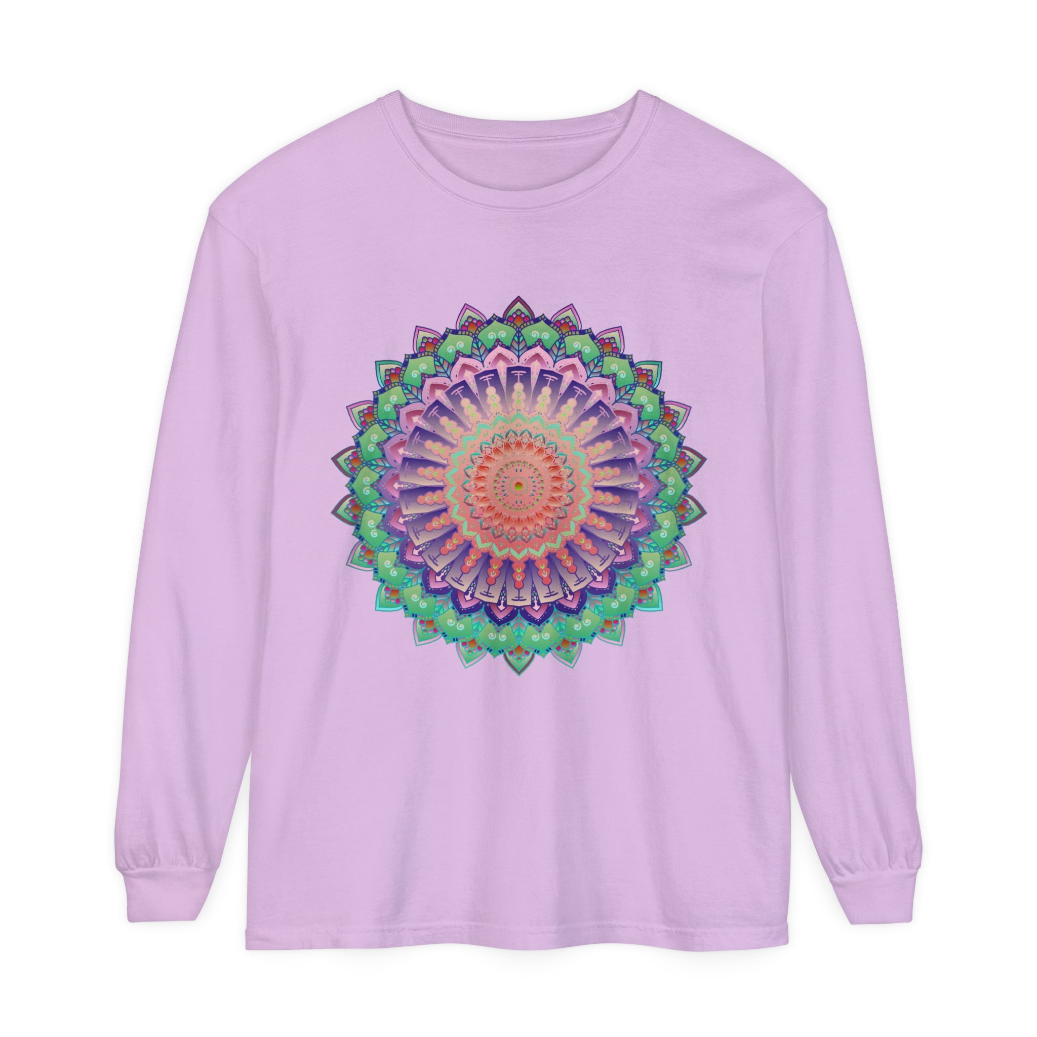 Colorful and intricate mandala design on a unisex long sleeve T-shirt