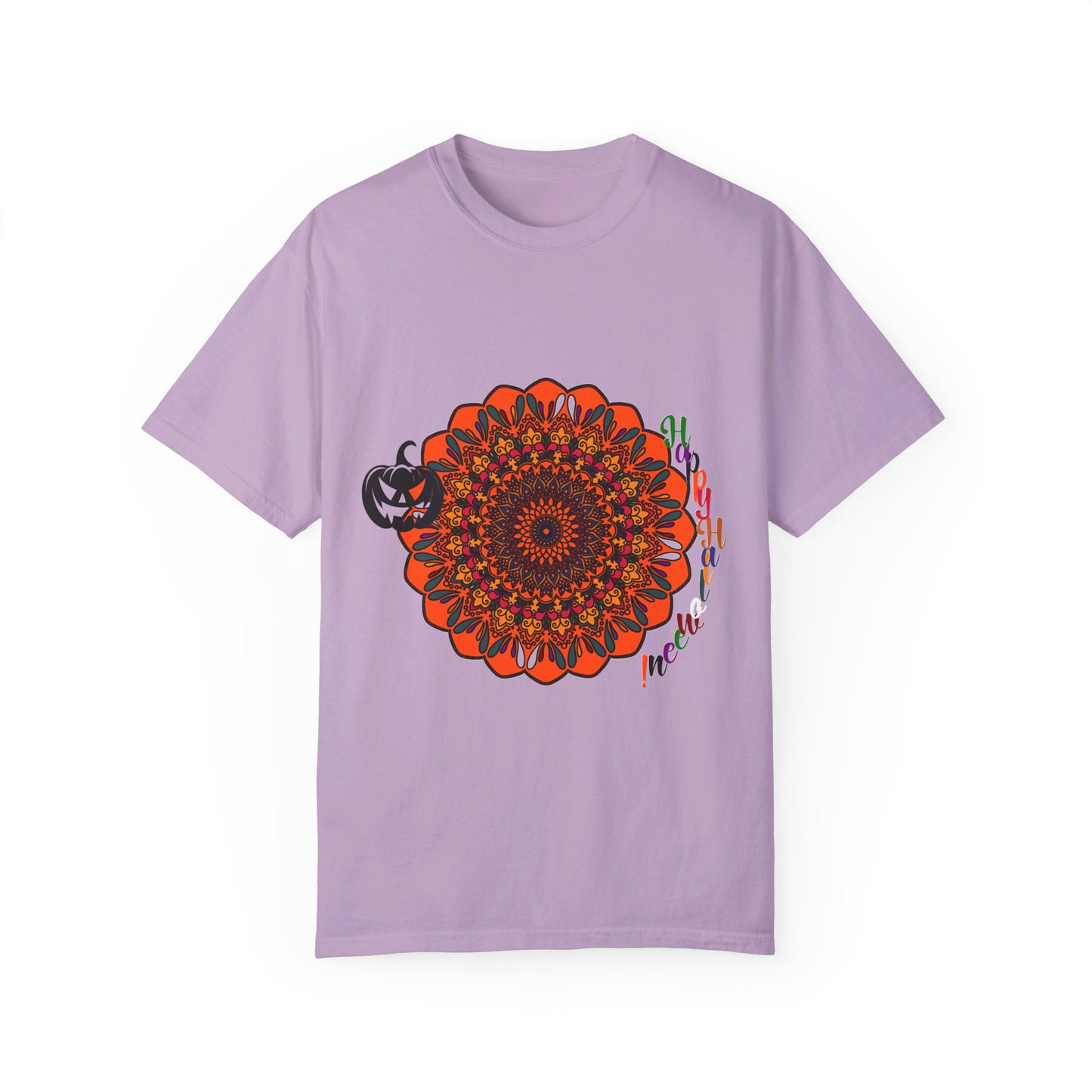 Unisex Halloween Mandala T-shirt featuring handmade pumpkin mandala art on a garment-dyed tee