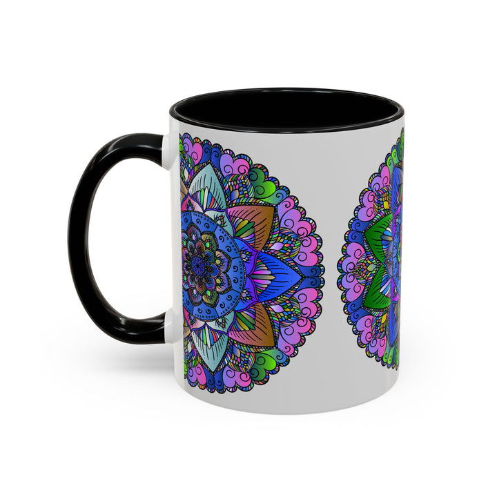 A beautiful hand-painted mandala mug featuring vibrant colors and peaceful art