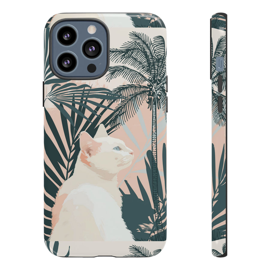 Tropical Cat Phone Case with Lush Palm Motifs and Soft Pastels