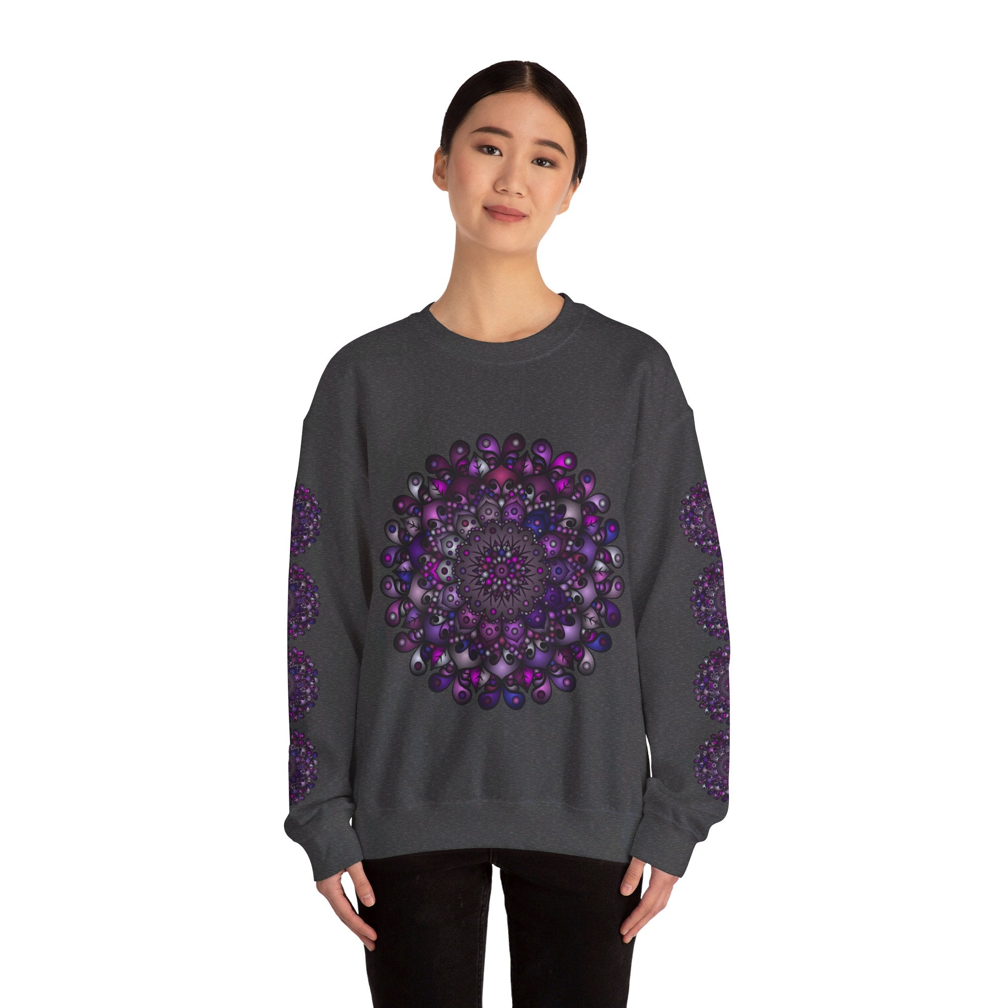 Unisex Heavy Blend™ Crewneck Sweatshirt with Purple Mandala Design, cozy and stylish for all genders