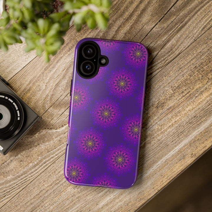 Intricate Purple Floral iPhone Case with Bold Mandala Design