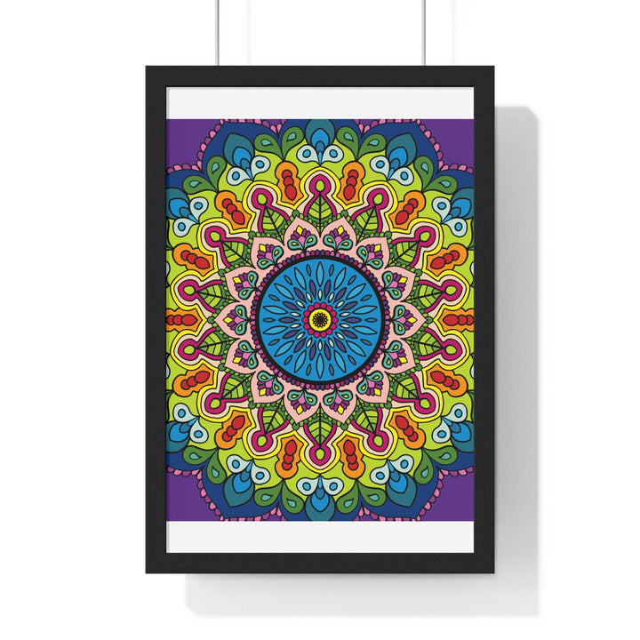 Vertical framed poster of a mandala art, meticulously hand-drawn, perfect for mindfulness and yoga enthusiasts