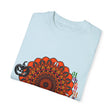 Handmade unisex Halloween Mandala T-shirt featuring intricate pumpkin mandala art, garment-dyed for a unique, one-of-a-kind look