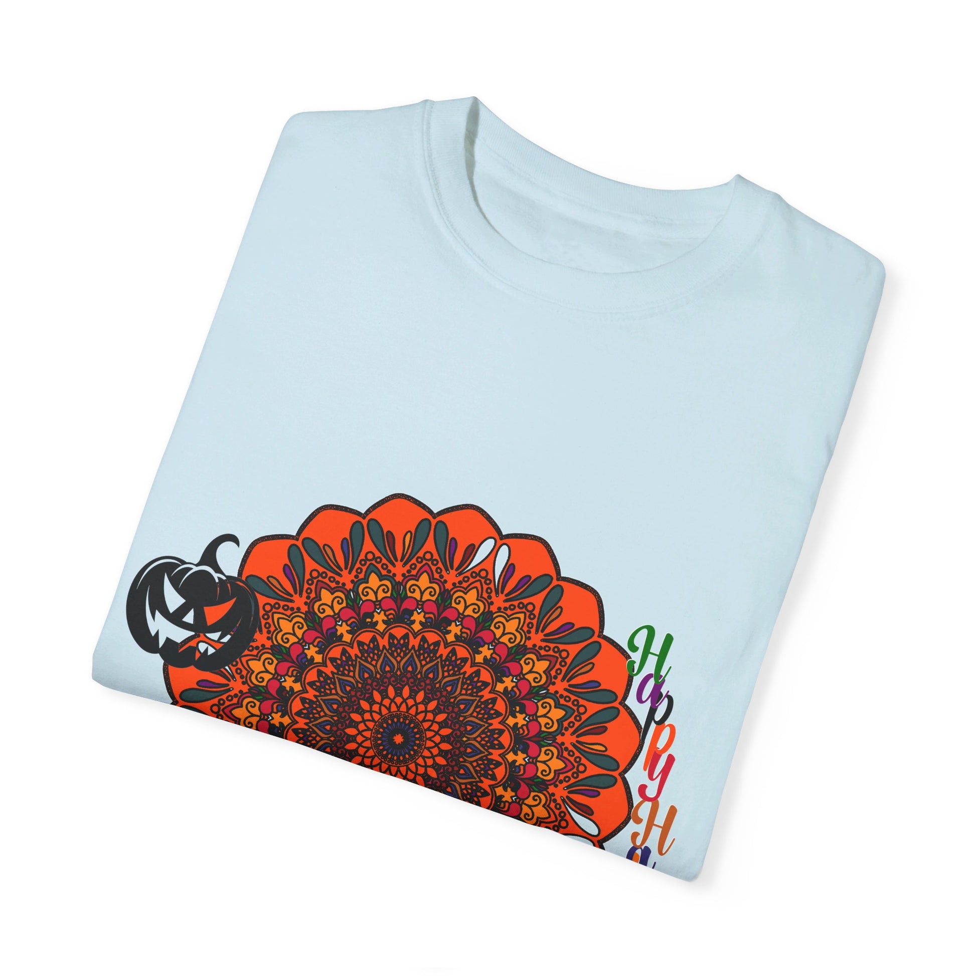 Handmade unisex Halloween Mandala T-shirt featuring intricate pumpkin mandala art, garment-dyed for a unique, one-of-a-kind look