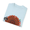 Handmade unisex Halloween Mandala T-shirt featuring intricate pumpkin mandala art, garment-dyed for a unique, one-of-a-kind look