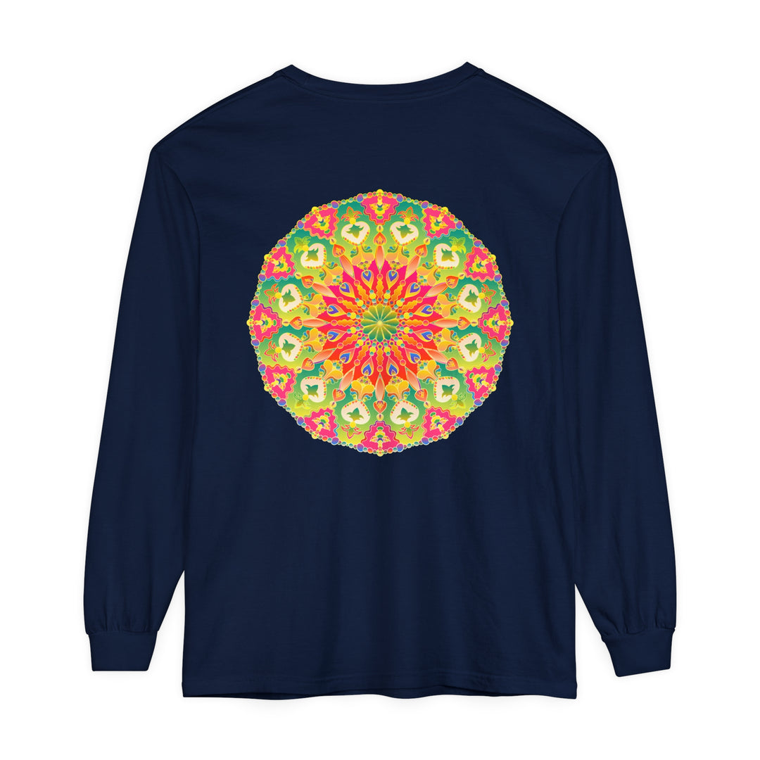 Colorful, detailed mandala design long sleeve shirt with vibrant artistic elements