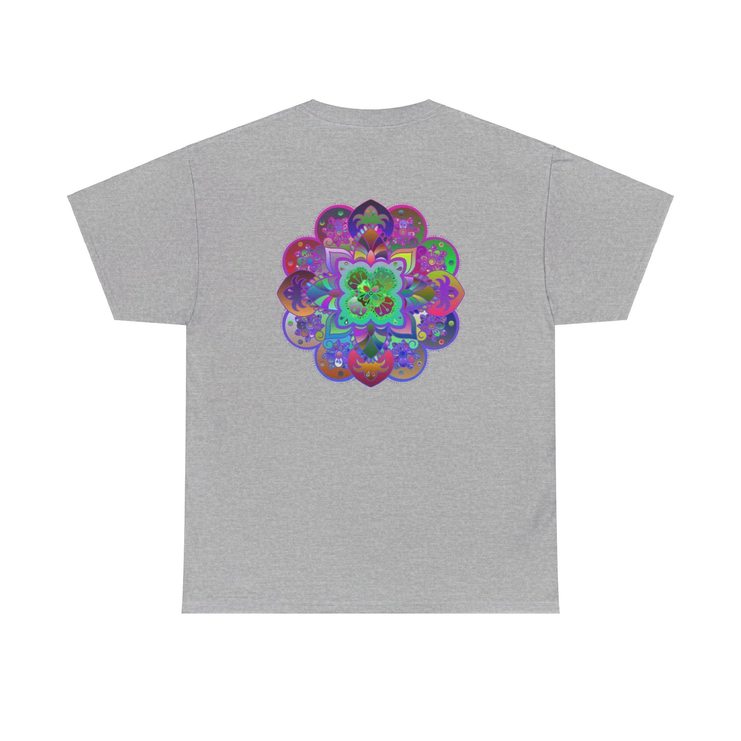 Colorful mandala art design printed on a comfortable, heavy cotton unisex t-shirt perfect for yoga and mindfulness practices