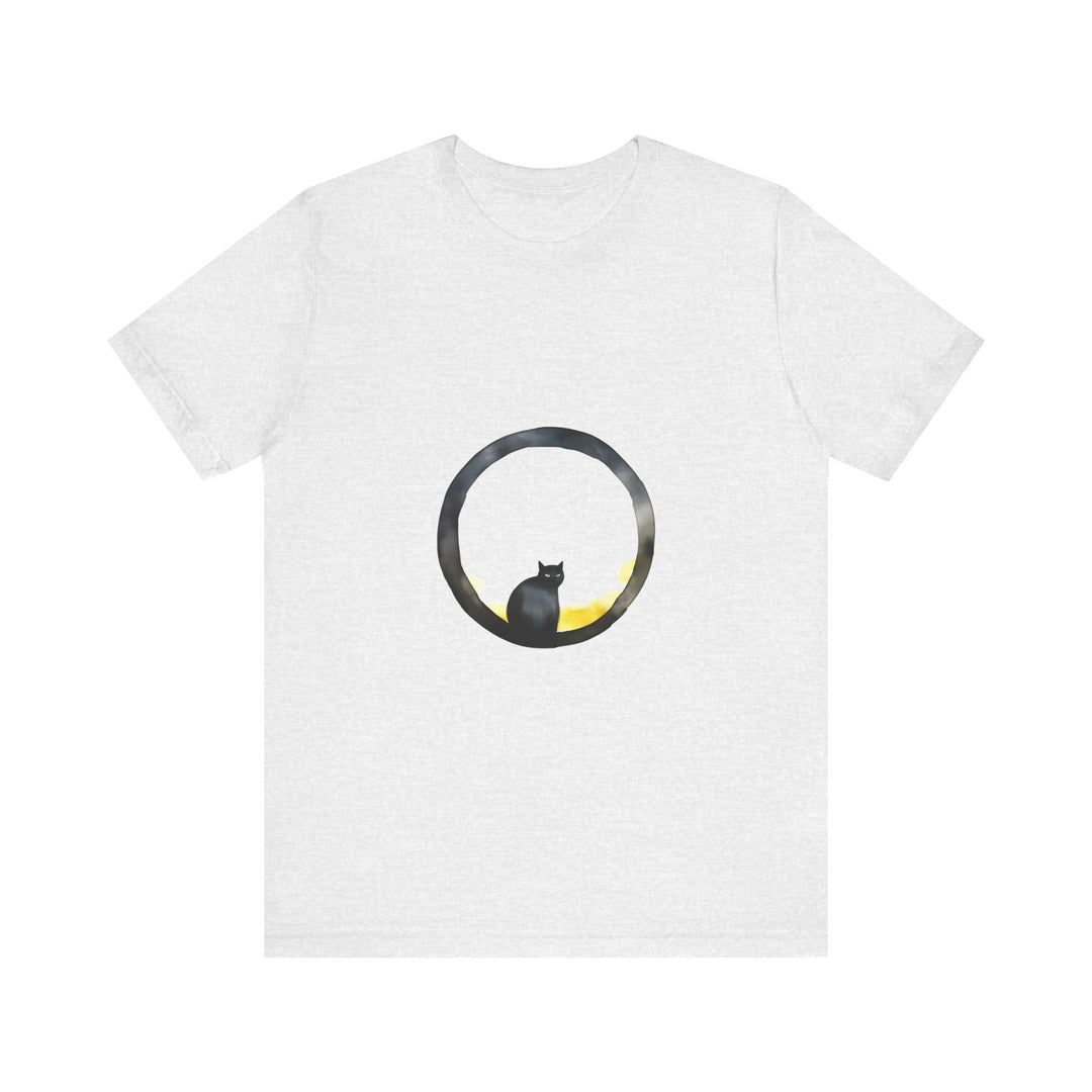 Black Cat Moon Tee - Whimsical Style: A black t-shirt featuring a whimsical design of a black cat and a crescent moon against a night sky background