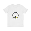 Black Cat Moon Tee - Whimsical Style: A black t-shirt featuring a whimsical design of a black cat and a crescent moon against a night sky background