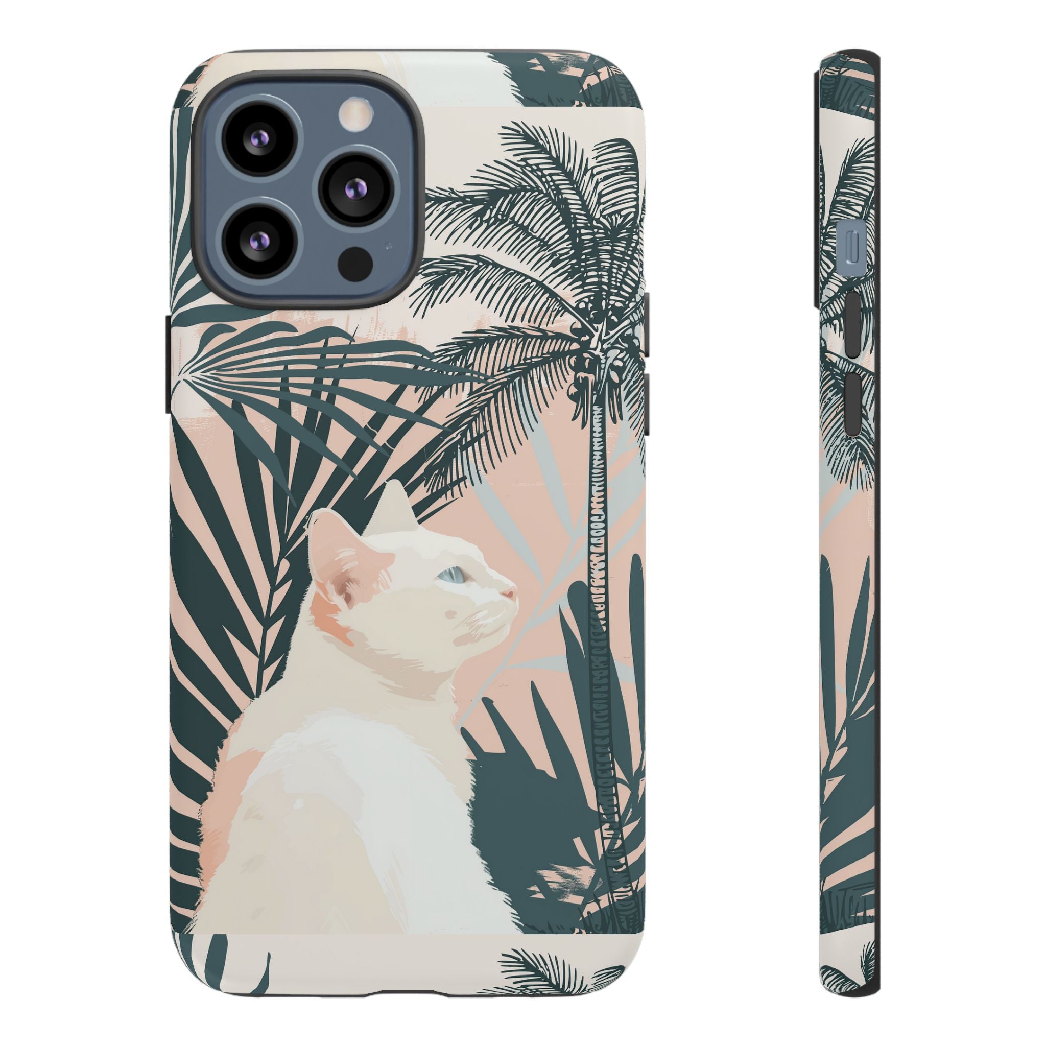 Custodia per telefono con gatto tropicale, motivi di palme lussureggianti e tenui colori pastello