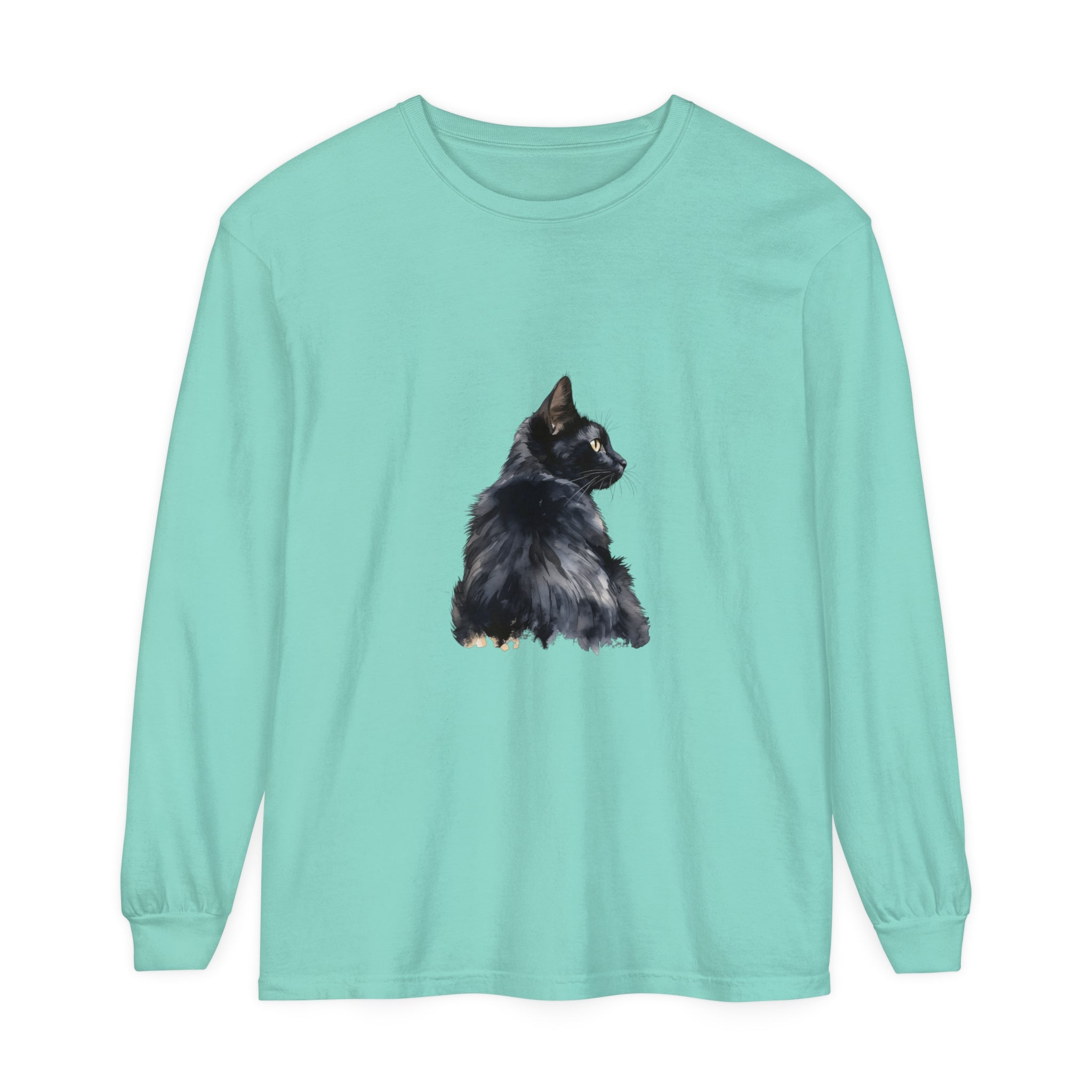 Black Cat Watercolor Long Sleeve T-Shirt with vibrant watercolor design