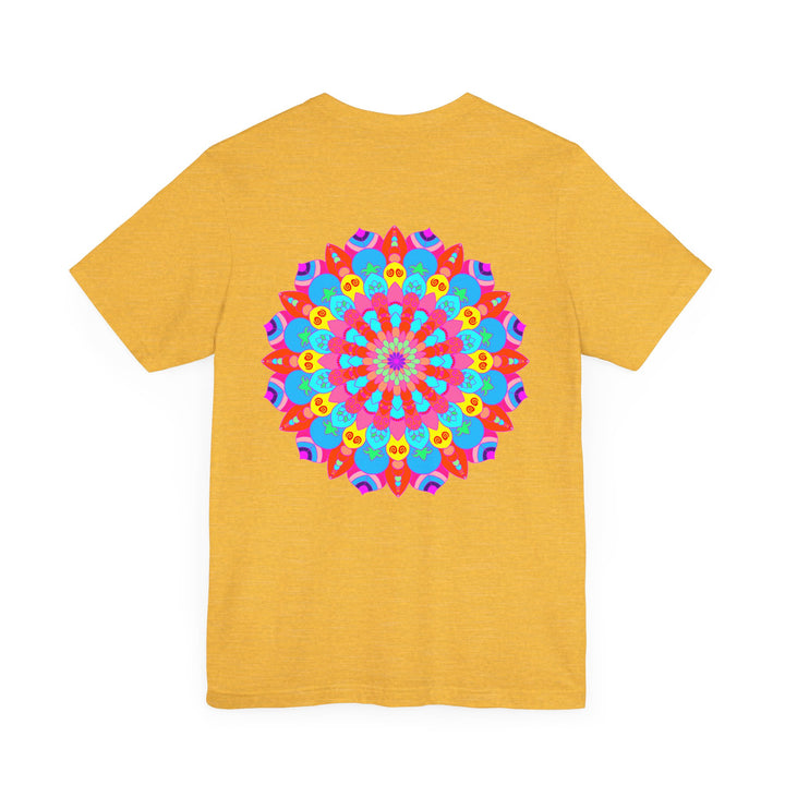 Colorful and intricate mandala tee featuring spiritual symbols for peace and harmony