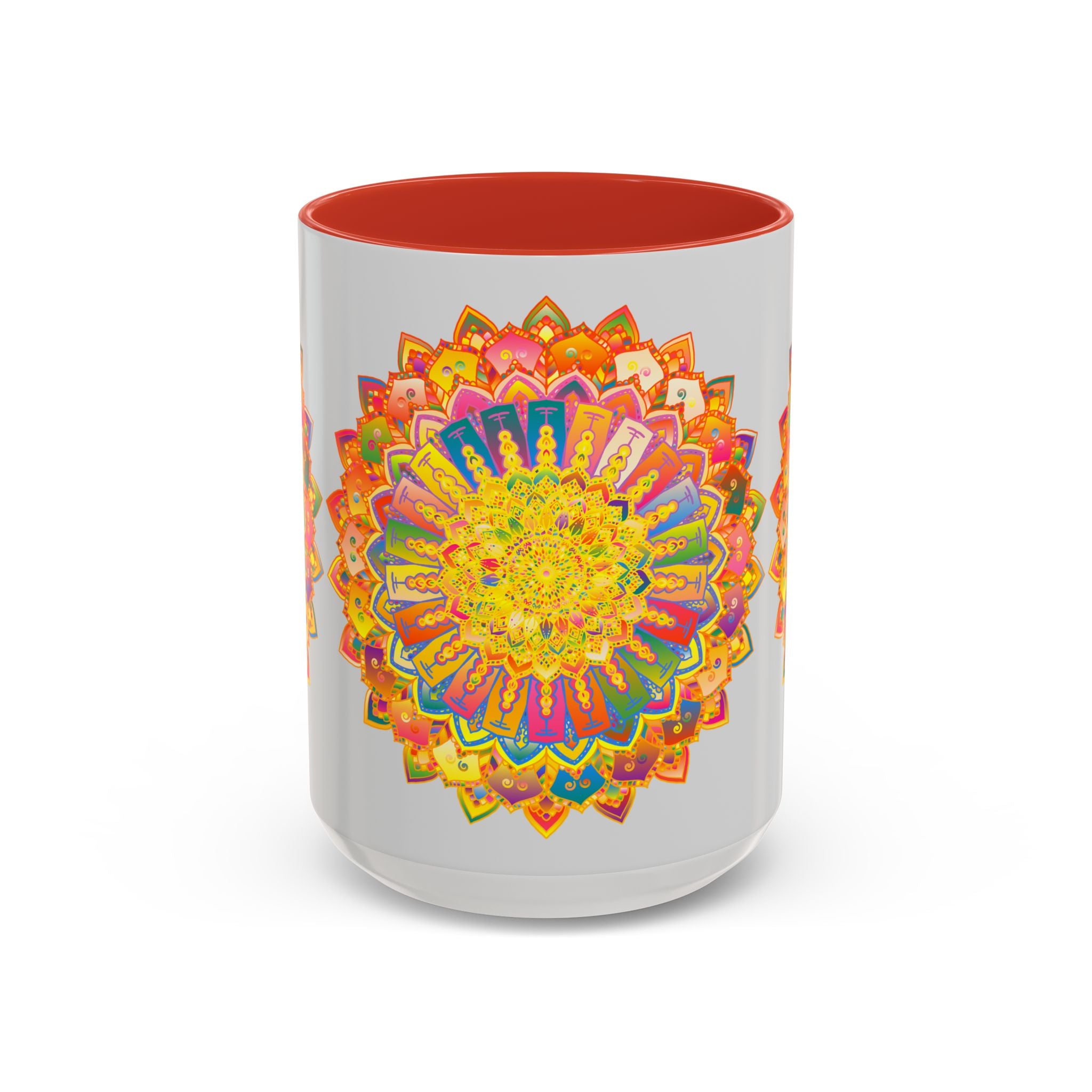 Colorful mandala mug with vibrant art on grey background