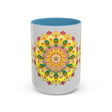 A close-up image of a vibrant floral design mandala art mug, perfect for enjoying your favorite hot beverage in style