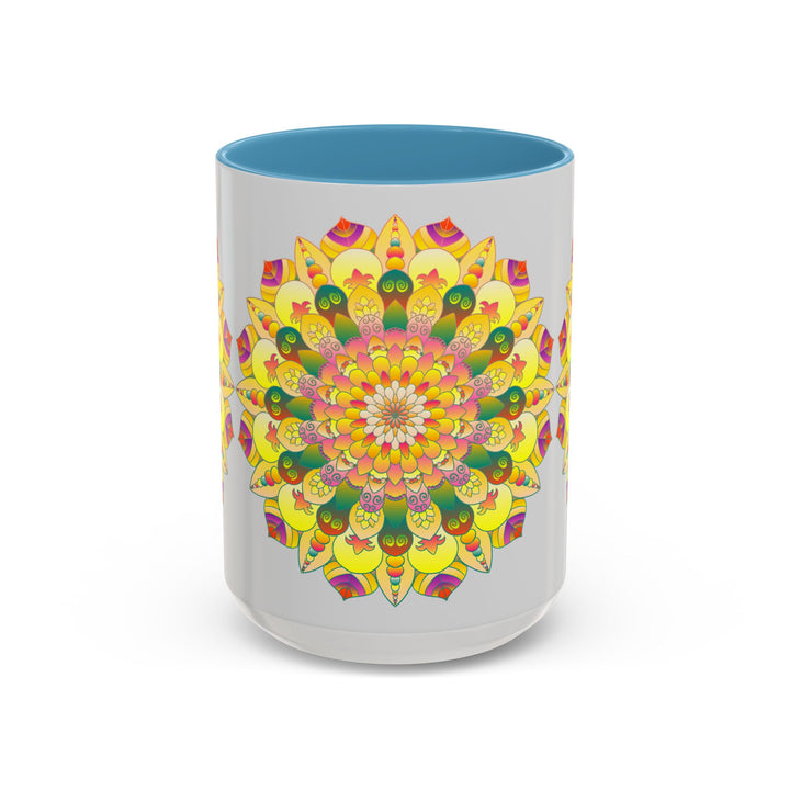 A close-up image of a vibrant floral design mandala art mug, perfect for enjoying your favorite hot beverage in style