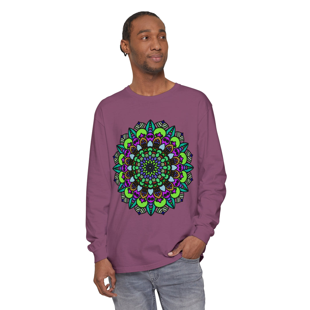 Vibrant and colorful mandala design on a unisex long sleeve t-shirt