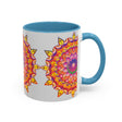 Colorful floral mandala art mug with intricate design and vibrant colors