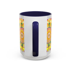A colorful and intricate mandala art mug featuring a vibrant floral design
