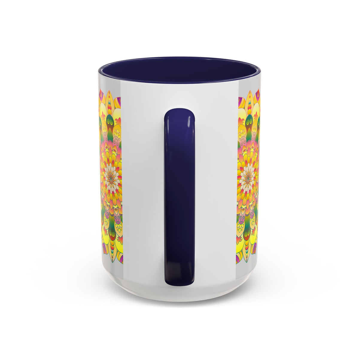 A colorful and intricate mandala art mug featuring a vibrant floral design