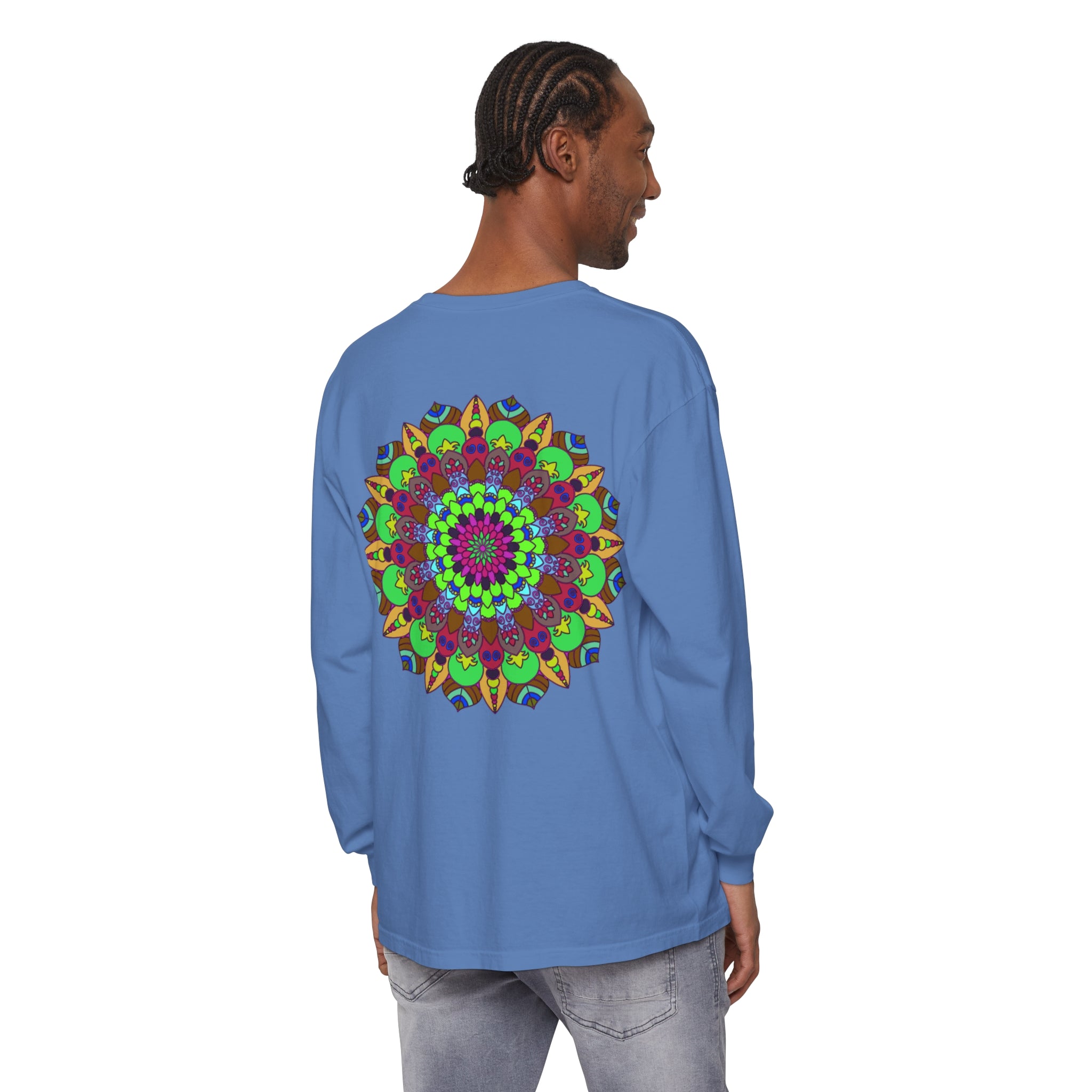 Colorful Mandala Unisex Long Sleeve T-Shirt with intricate geometric design and vibrant colors