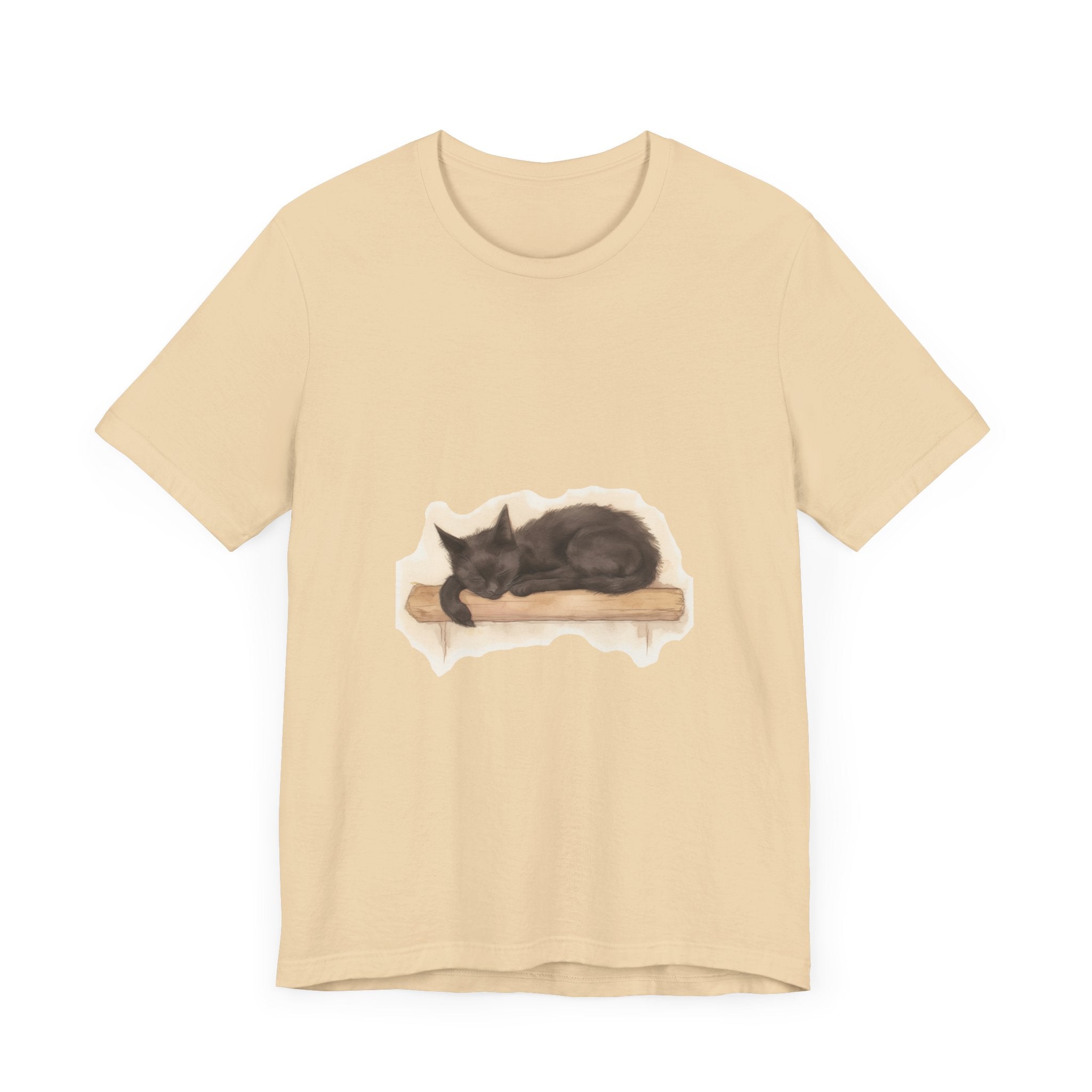 A watercolor illustration of a black cat sleeping on a t-shirt