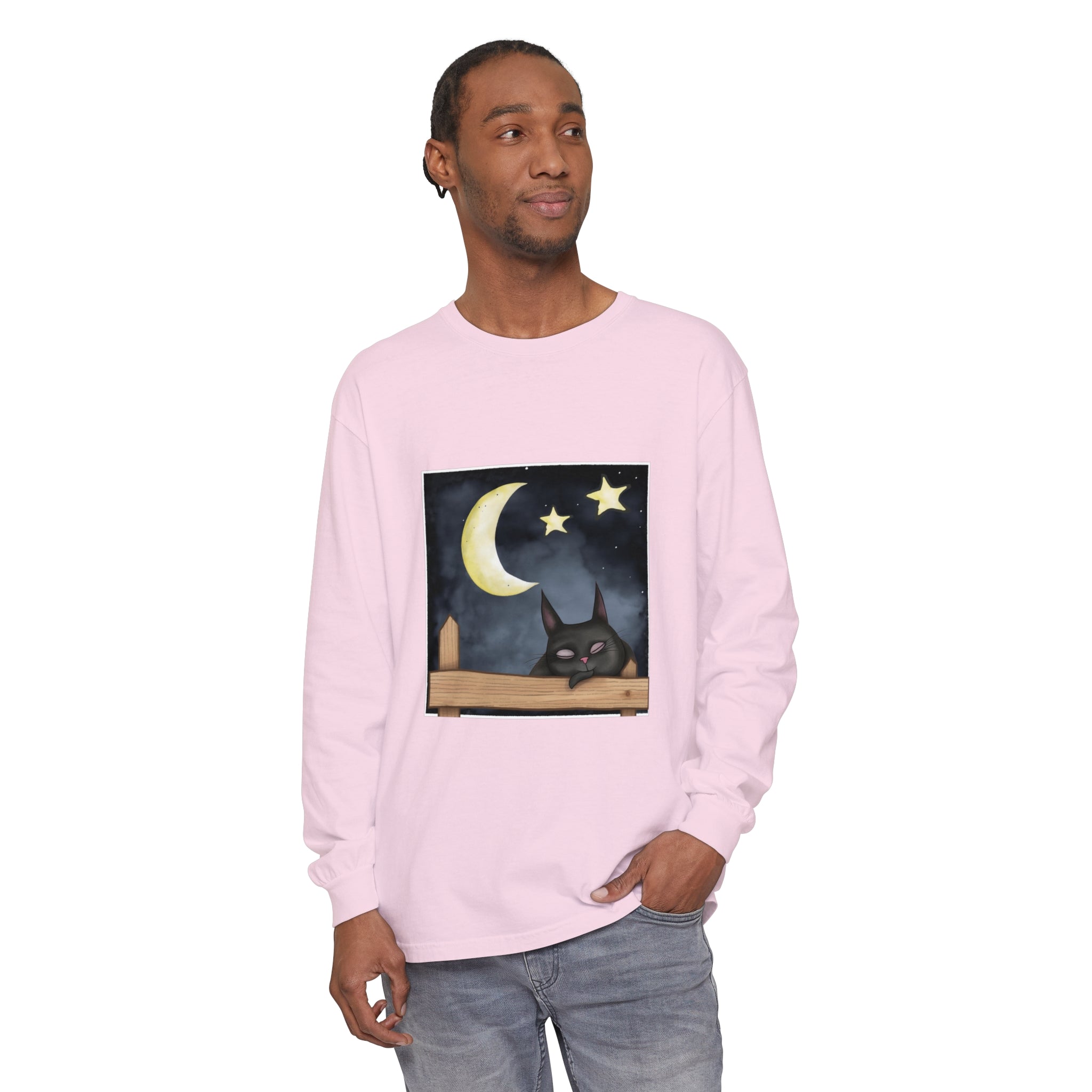 A comfortable black t-shirt featuring a sleepy cat under a starry night sky