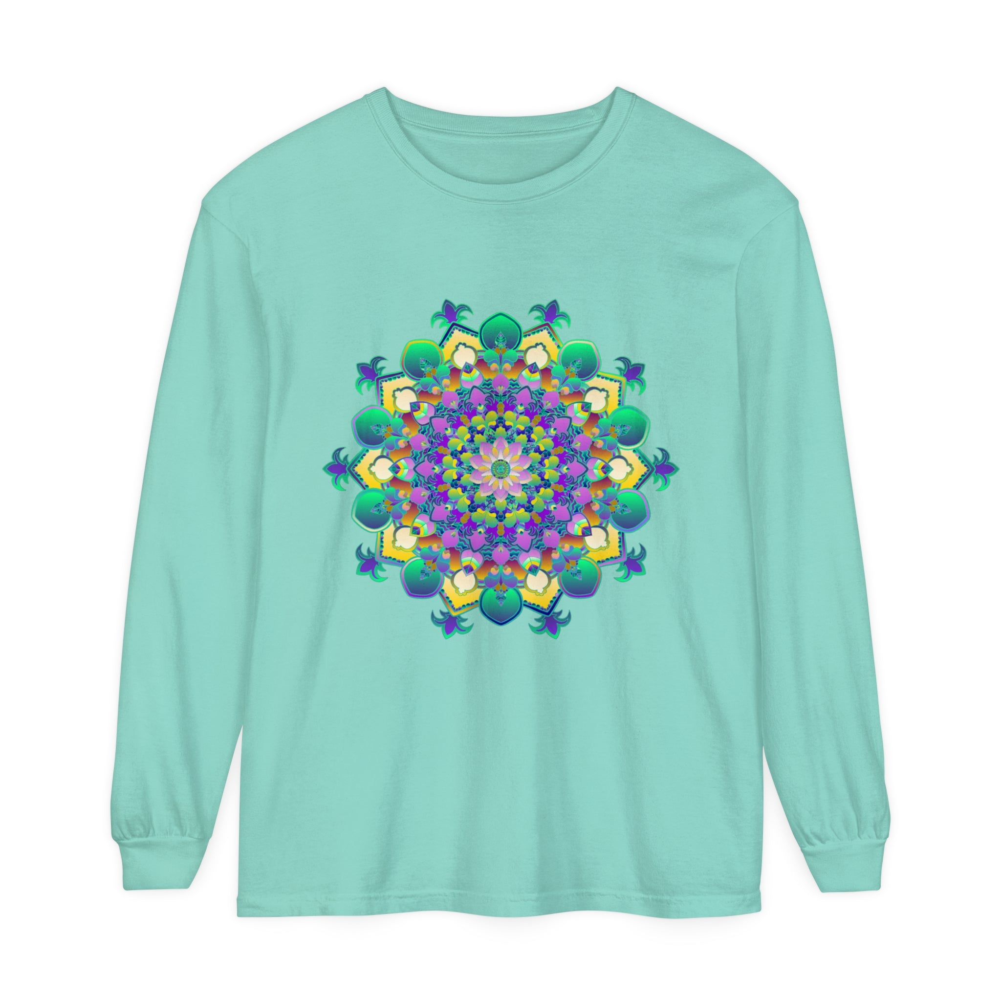 Intricate Mandala Long Sleeve T-Shirt with detailed geometric patterns and vibrant colors