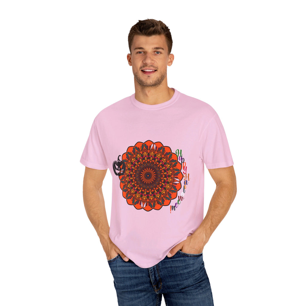 Unisex garment-dyed tee featuring handmade pumpkin mandala art for Halloween