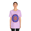 A vibrant and intricate geometric mandala t-shirt with an array of colors