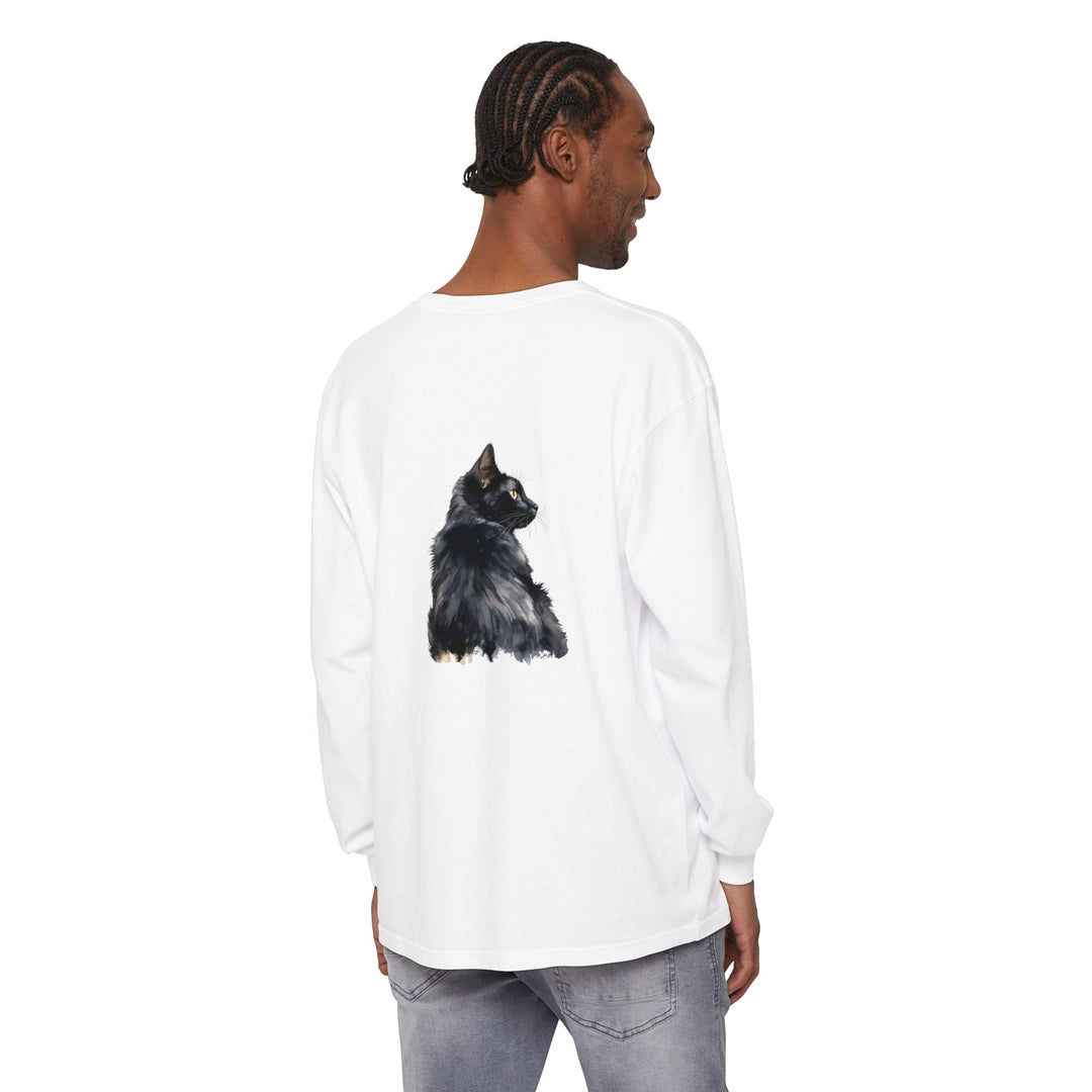 Black Cat Watercolor Long Sleeve T-Shirt with vibrant feline design