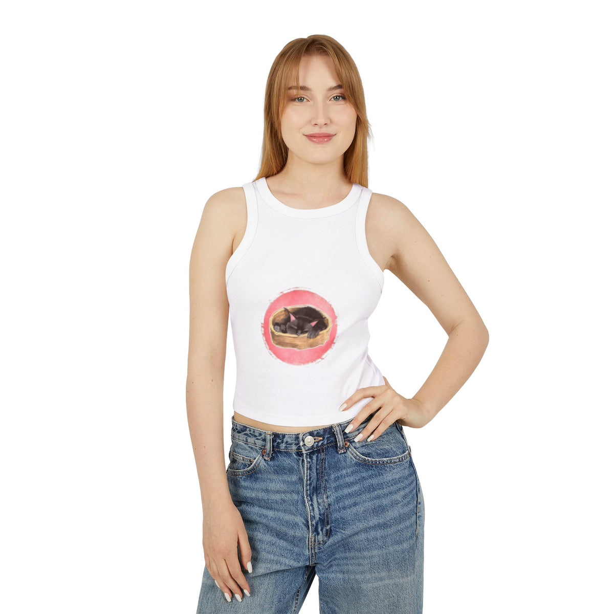 Black racerback tank top with a cute sleeping cat design