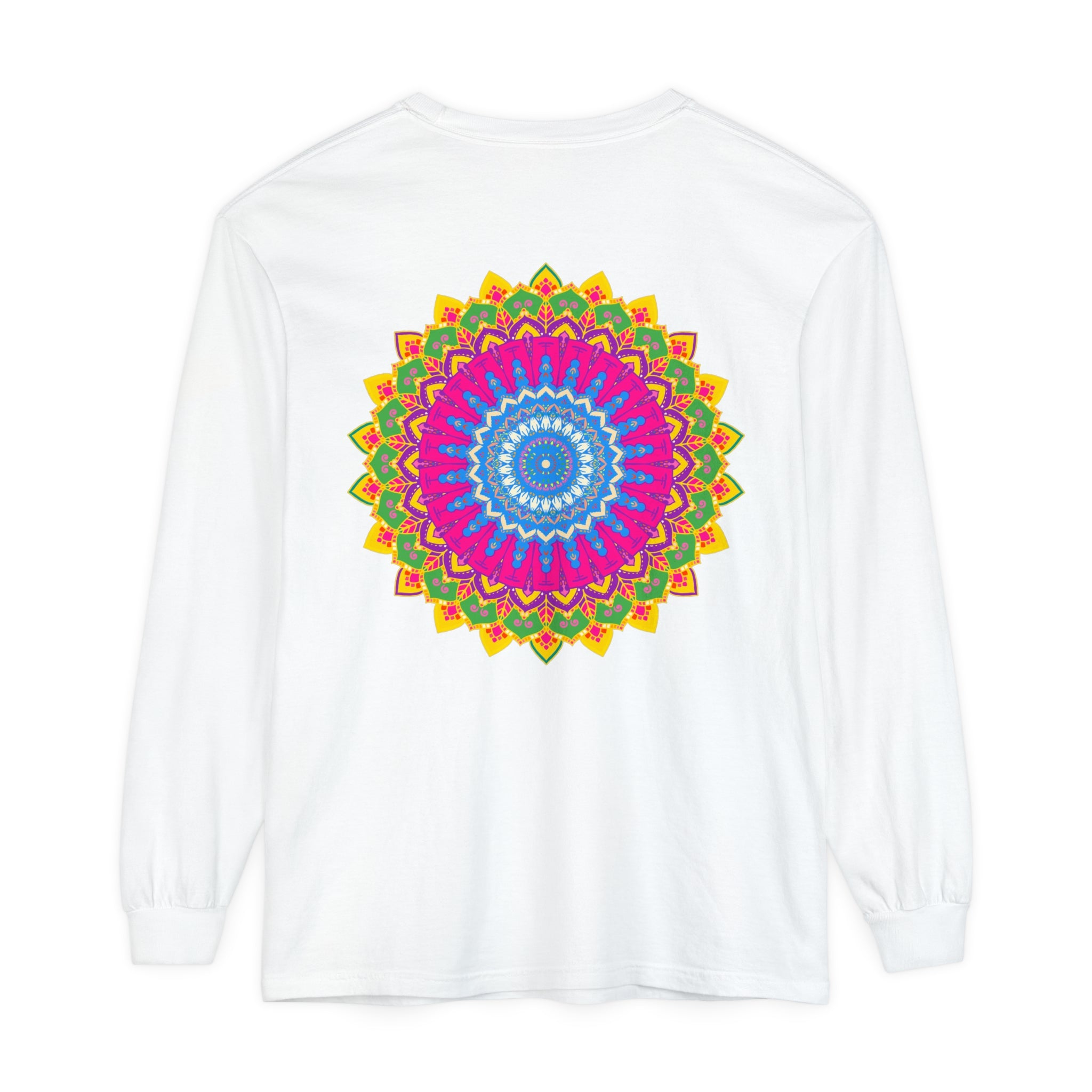 Vibrant Mandala Unisex Long Sleeve T-Shirt featuring intricate and colorful mandala design