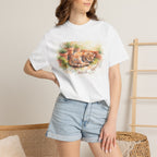 Person wearing a white t-shirt with a cat graphic and text, standing against a neutral background.