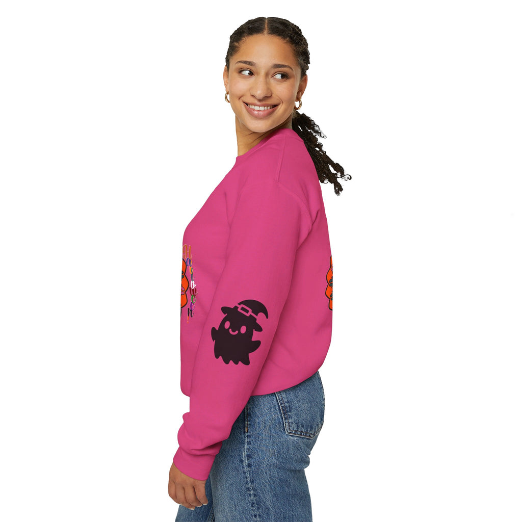 Unisex Heavy Blend™ Crewneck Sweatshirt featuring adorable Halloween-themed design with cute ghosts and spooky elements, perfect for celebrating the festive season in style