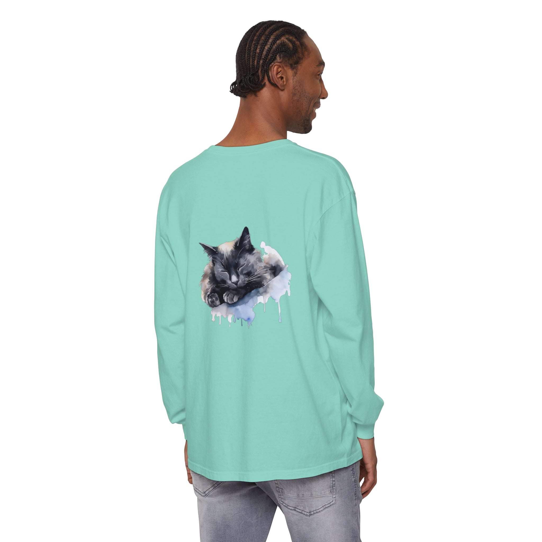 Beautiful watercolor illustration of a sleeping cat on a t-shirt