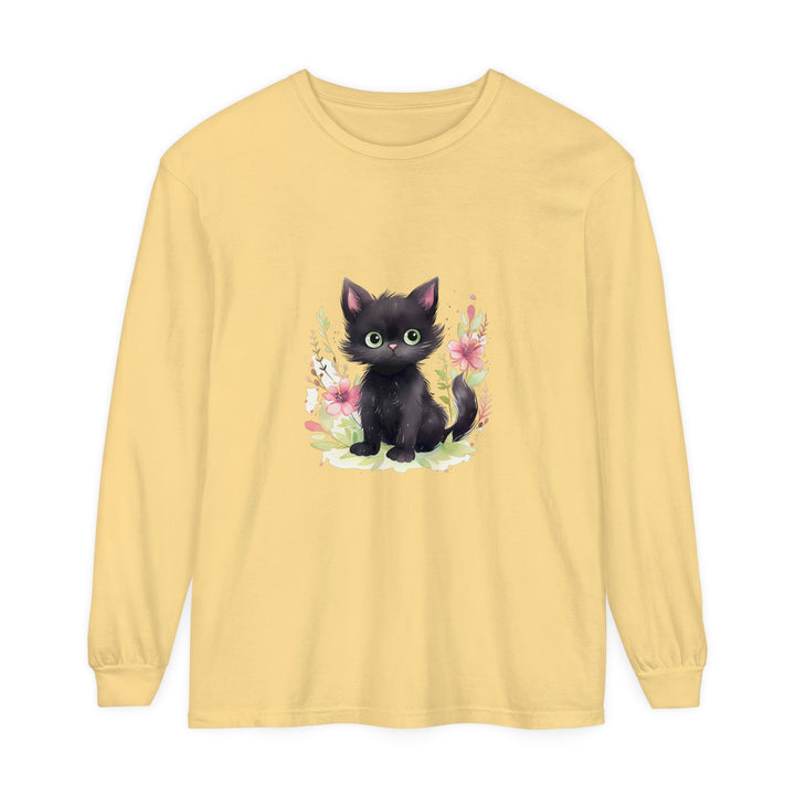 Adorable and playful kitten surrounded by colorful floral watercolor design on a comfortable t-shirt