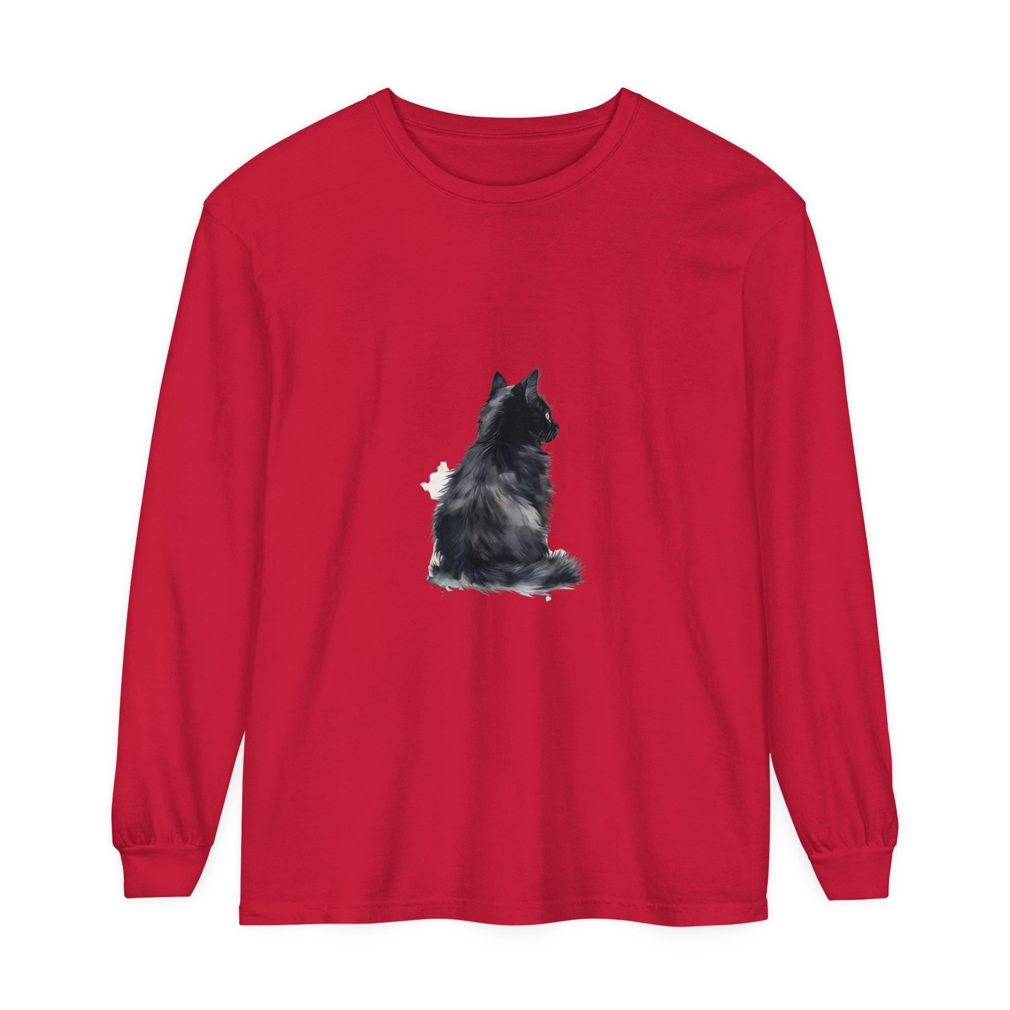 Black and white watercolor long sleeve t-shirt featuring a cute cat design