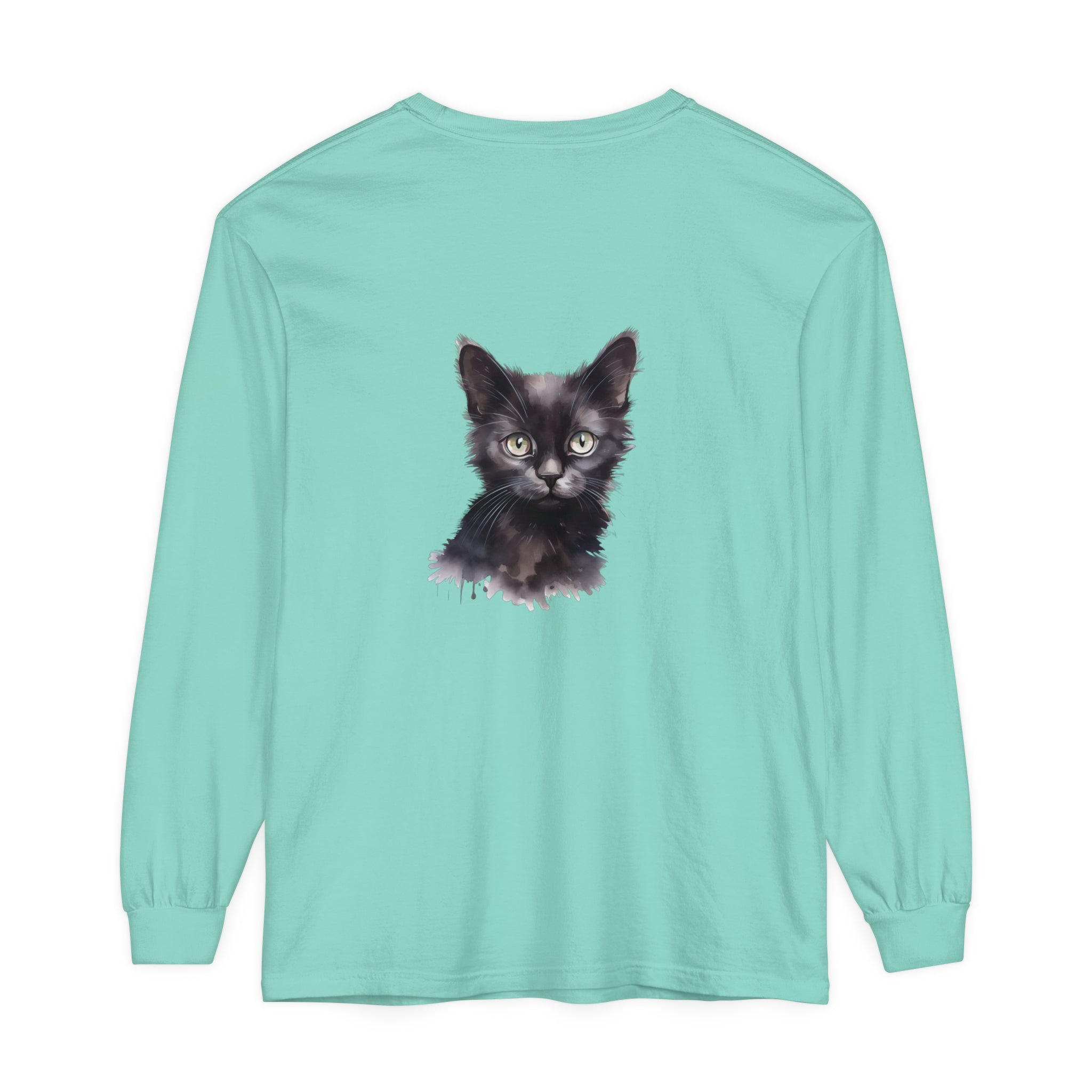 Black Cat Watercolor Long Sleeve T-Shirt - Women's Fashion Apparel with Unique Watercolor Print of a Black Cat, Long Sleeves, and Comfortable Fit