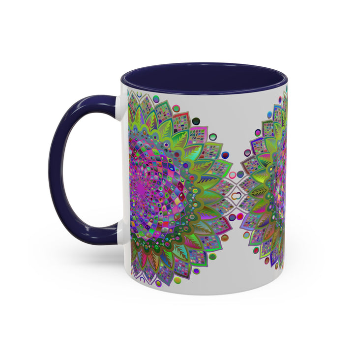 Colorful psychedelic mandala design on a grey ceramic mug, perfect for vibrant and artistic coffee or tea enjoyment