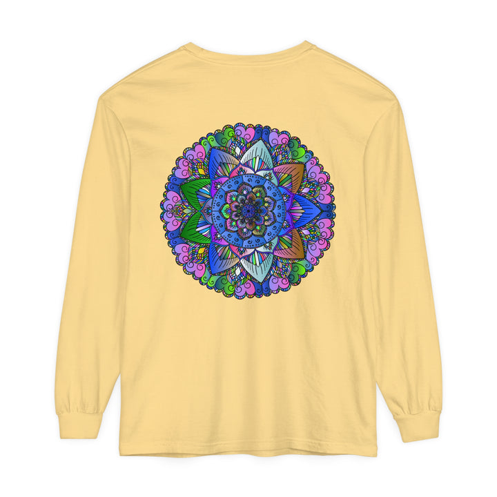 Colorful and intricate mandala design on a unisex long sleeve t-shirt