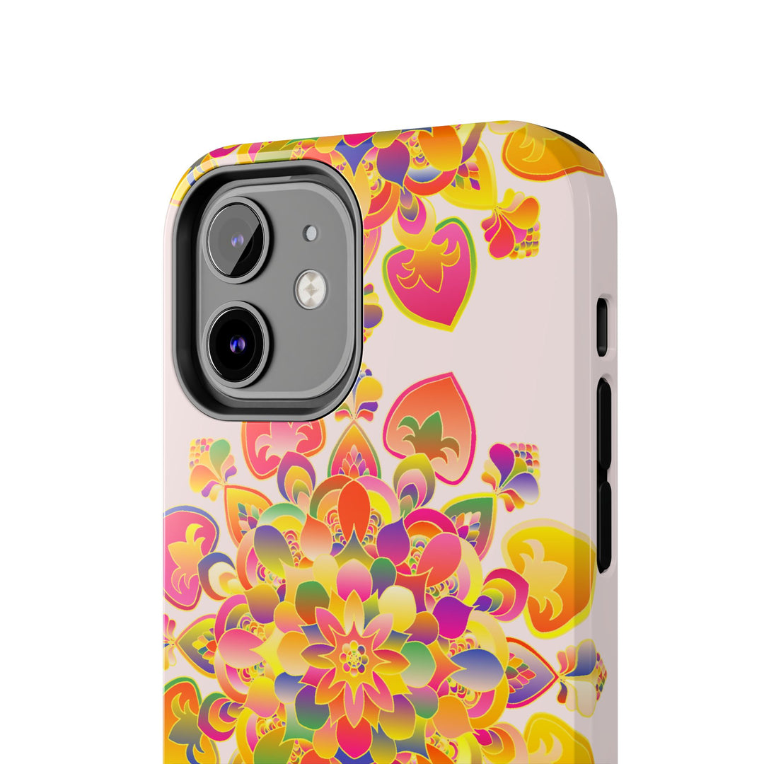 A colorful phone case featuring a hand-drawn mandala art design